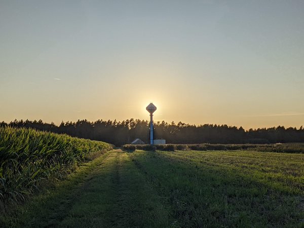 Wieża ciśnień nad polem kukurydzy — dziś już rozebrana